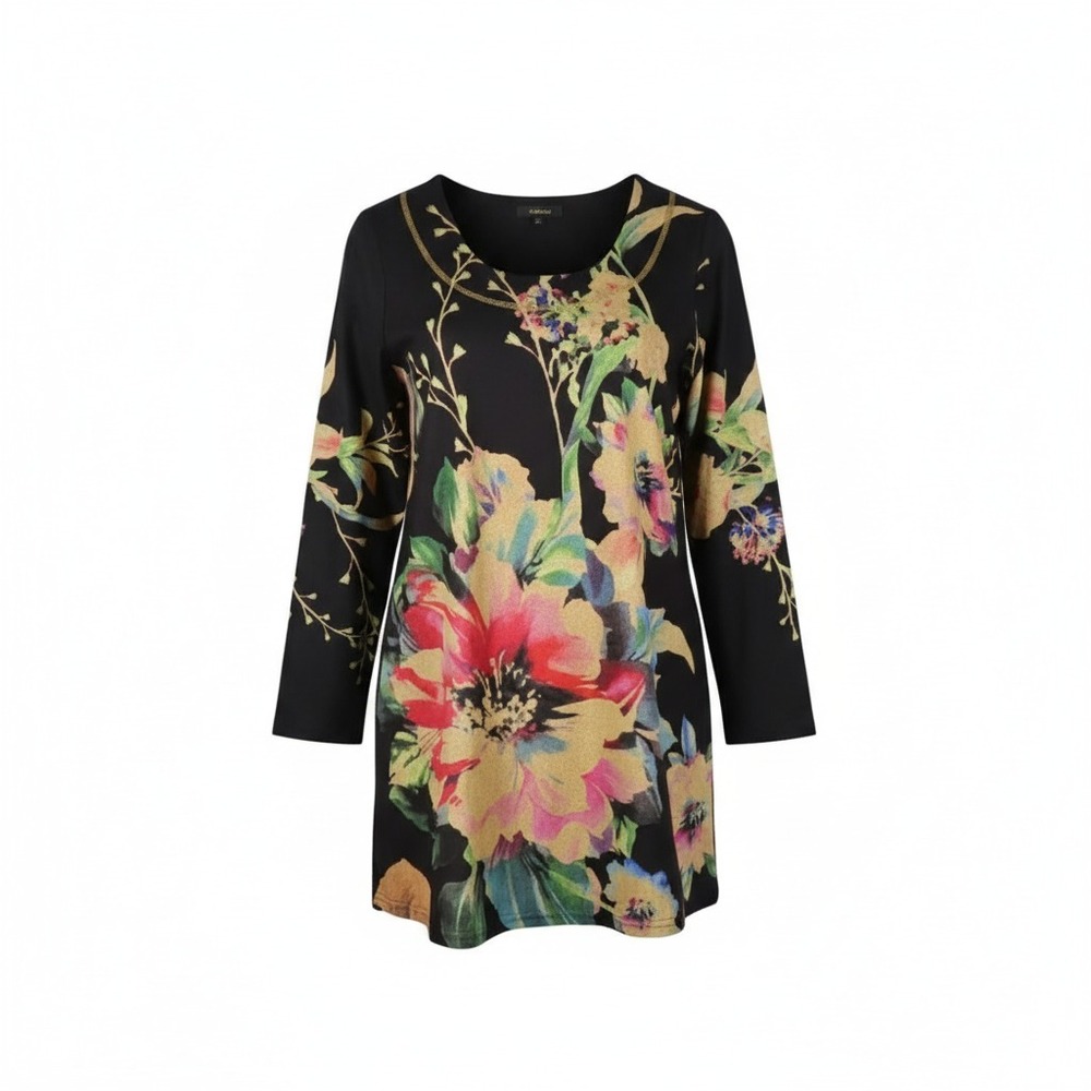 Radzoli Floral Tunic Top Womens XL Black Art To Wear Lagenlook Boho Bold Travel